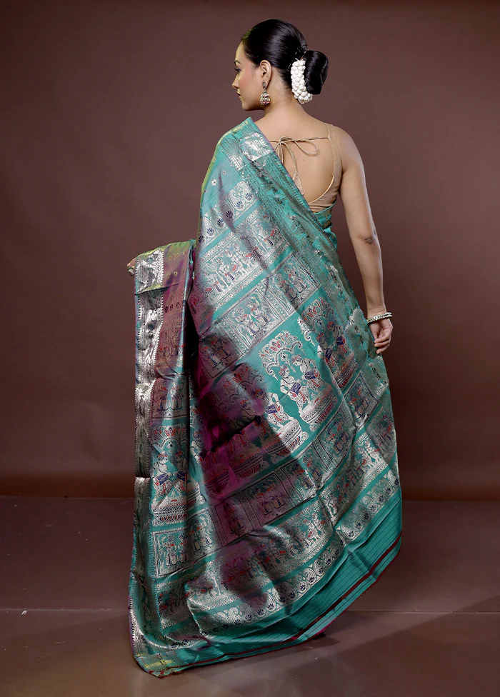 Green Handloom Baluchari Pure Silk Saree With Blouse Piece - Image 3