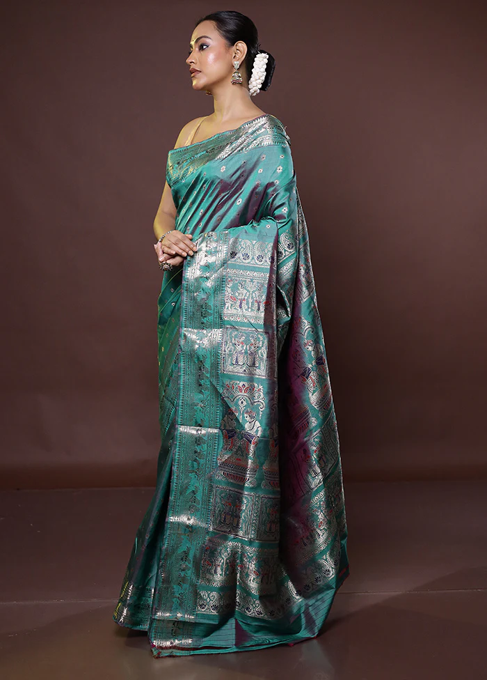 Green Handloom Baluchari Pure Silk Saree With Blouse Piece - Image 4