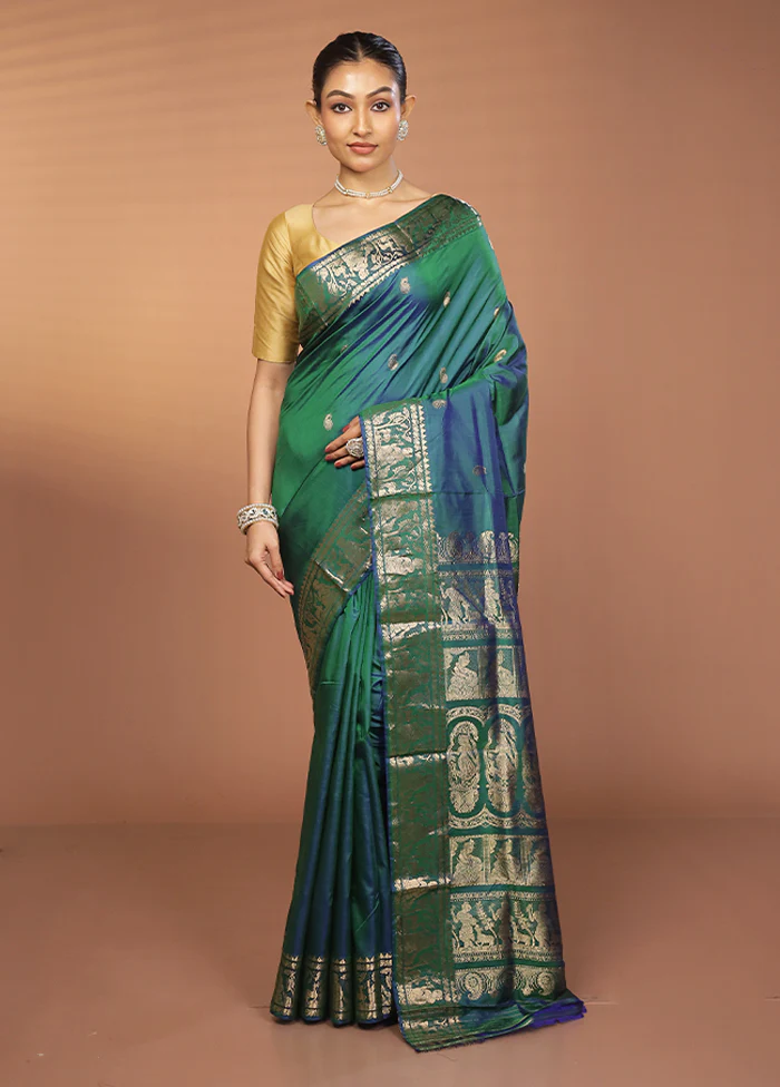 Green Handloom Baluchari Pure Silk Saree With Blouse Piece - Image 2