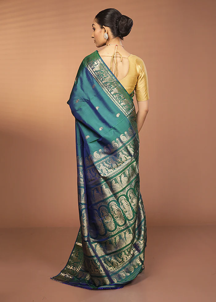Green Handloom Baluchari Pure Silk Saree With Blouse Piece - Image 3