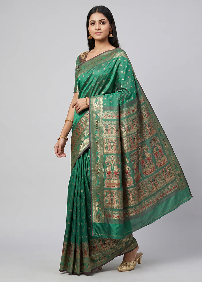 Green Handloom Baluchari Pure Silk Saree With Blouse Piece