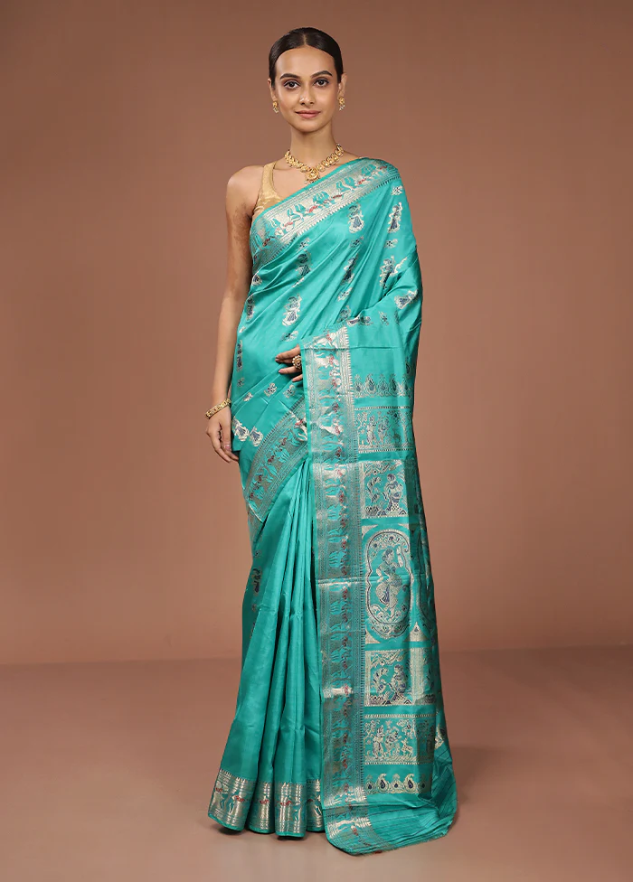 Green Handloom Baluchari Pure Silk Saree With Blouse Piece - Image 2