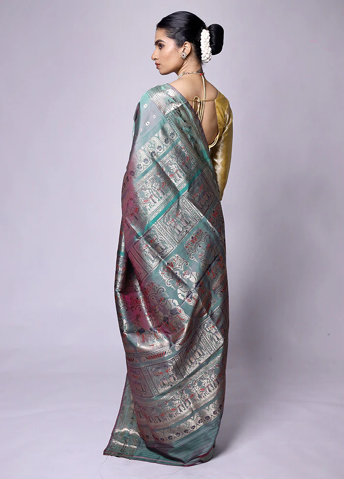 Green Handloom Baluchari Pure Silk Saree With Blouse Piece - Image 3