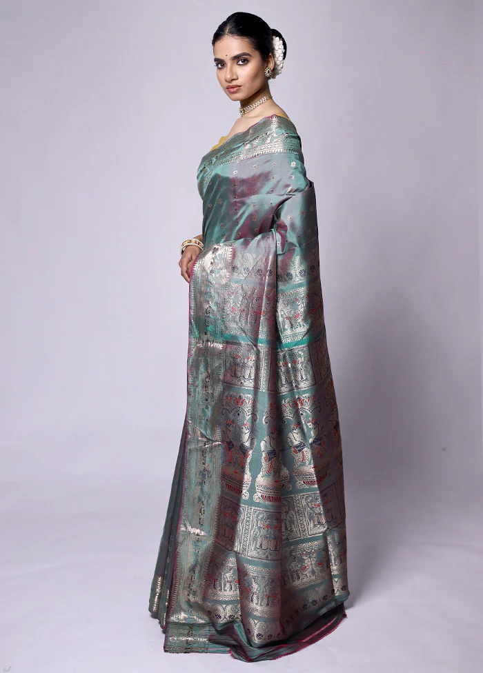 Green Handloom Baluchari Pure Silk Saree With Blouse Piece - Image 4