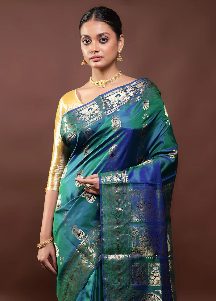 Green Handloom Baluchari Pure Silk Saree With Blouse Piece - Image 2