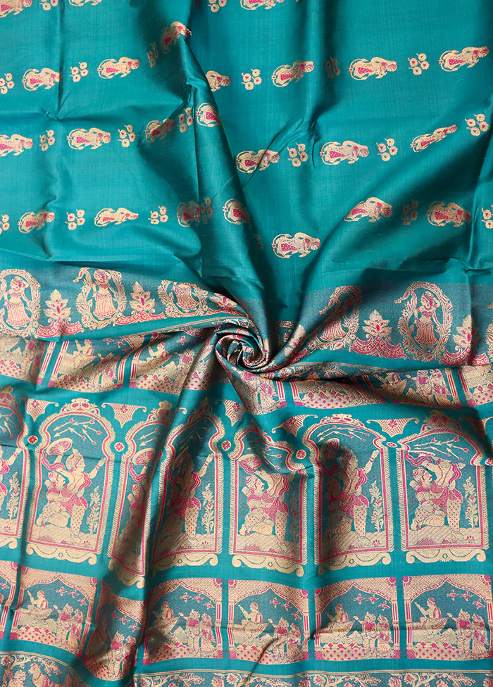Blue Handloom Baluchari Pure Silk Saree With Blouse Piece - Image 2