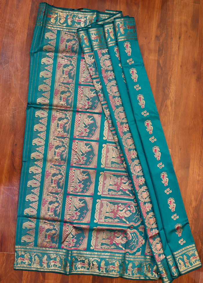 Blue Handloom Baluchari Pure Silk Saree With Blouse Piece - Image 3