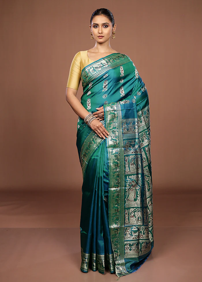 Green Handloom Baluchari Pure Silk Saree With Blouse Piece - Image 2