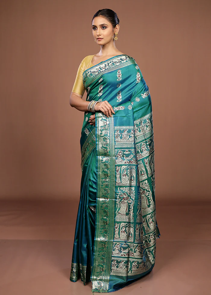 Green Handloom Baluchari Pure Silk Saree With Blouse Piece - Image 4
