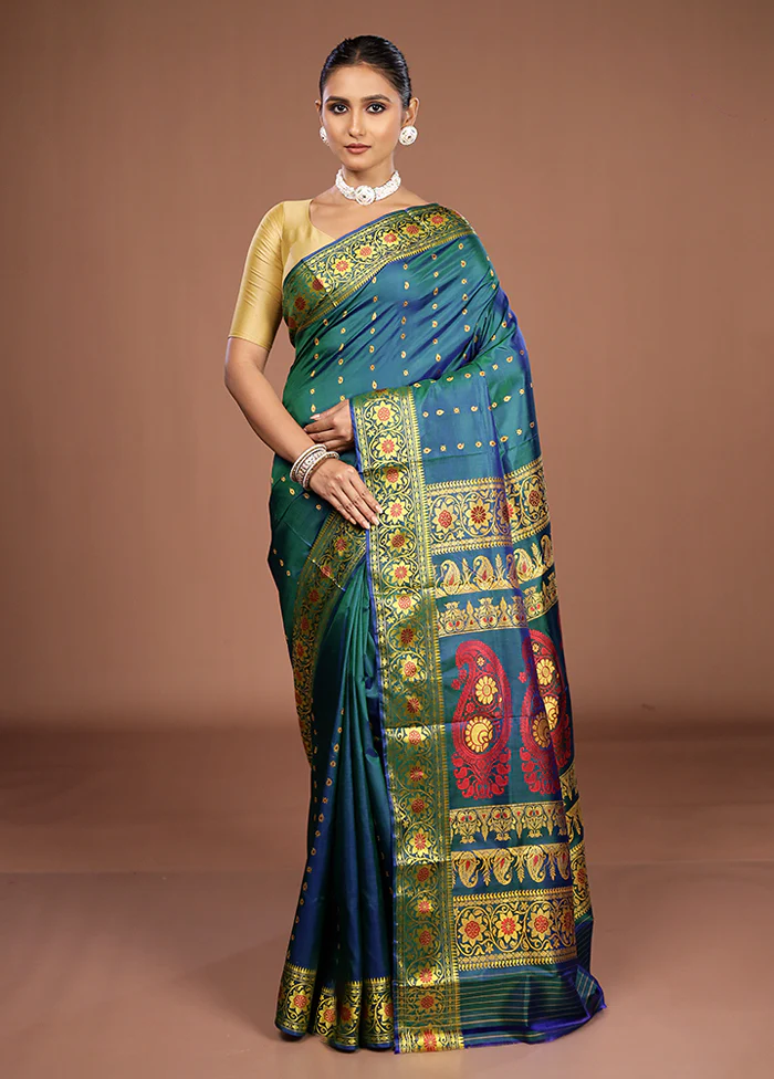 Green Handloom Baluchari Pure Silk Saree With Blouse Piece - Image 2