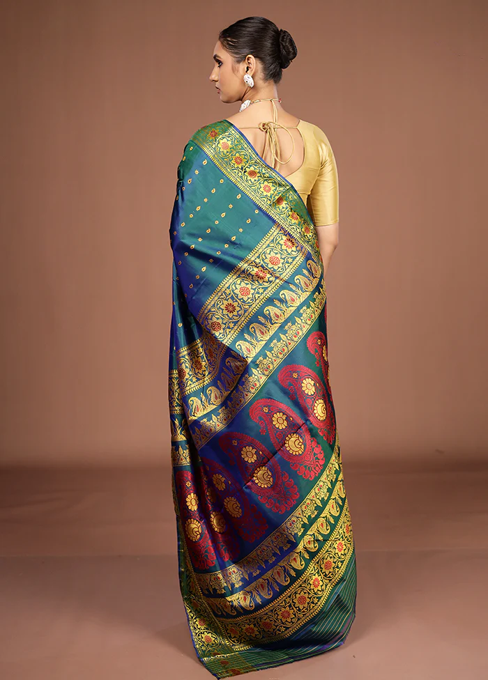 Green Handloom Baluchari Pure Silk Saree With Blouse Piece - Image 3