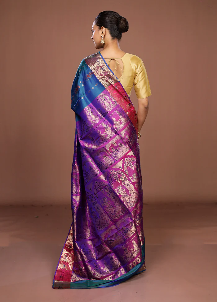 Green Handloom Baluchari Pure Silk Saree With Blouse Piece - Image 3