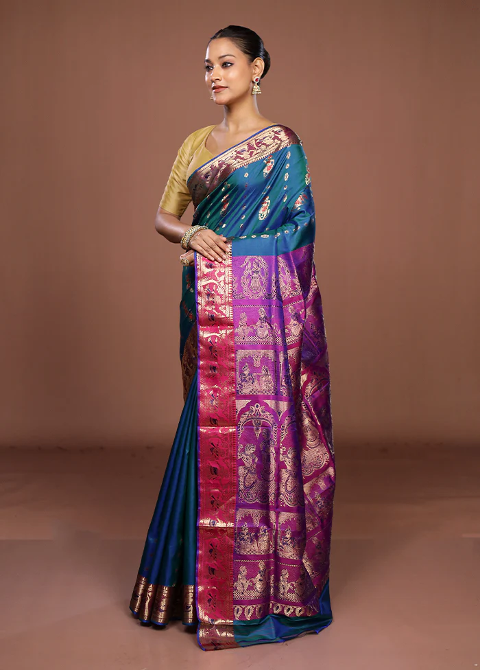 Green Handloom Baluchari Pure Silk Saree With Blouse Piece - Image 4
