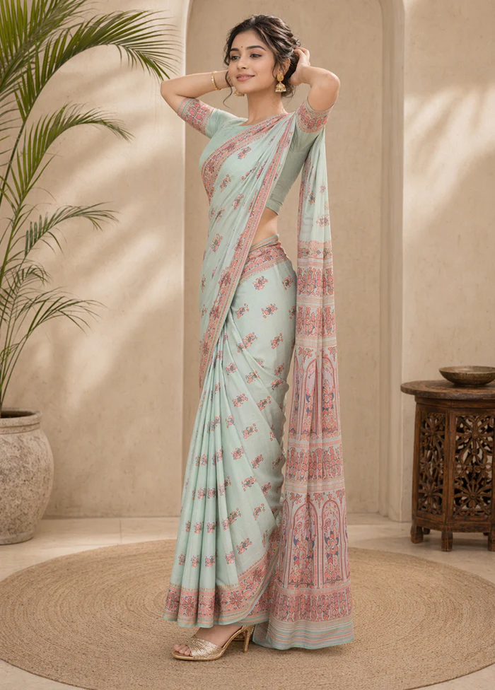 Green Handloom Baluchari Pure Silk Saree With Blouse Piece - Image 3