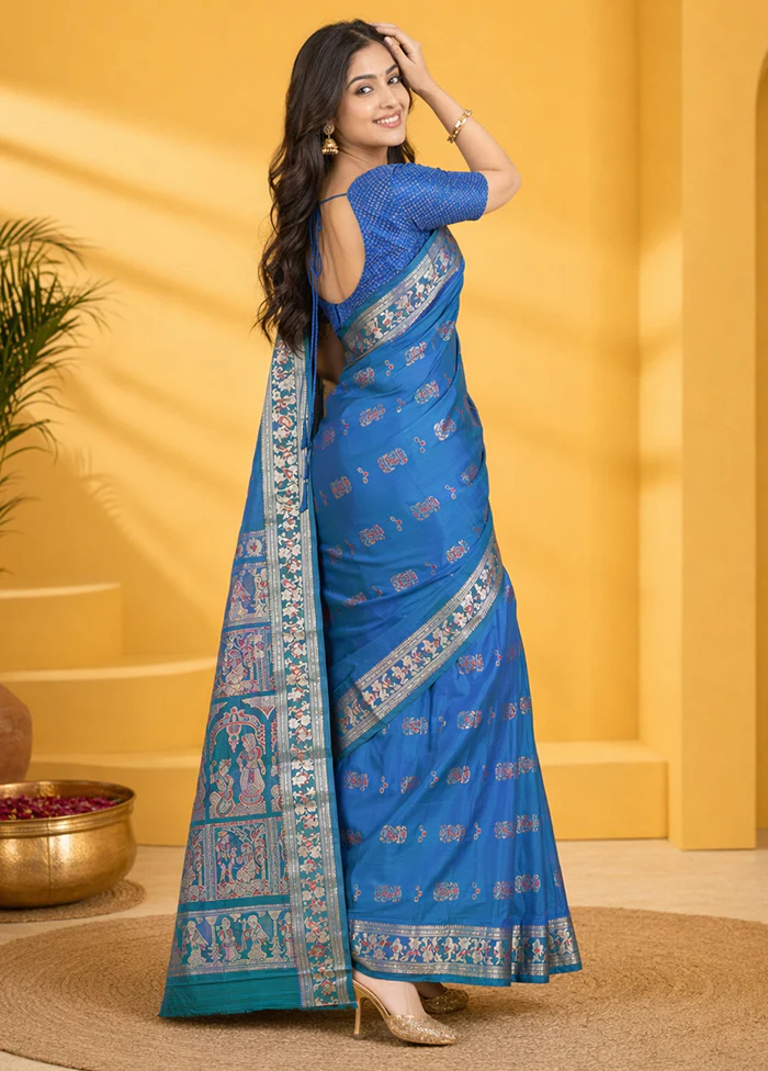 Green Handloom Baluchari Pure Silk Saree With Blouse Piece - Image 4