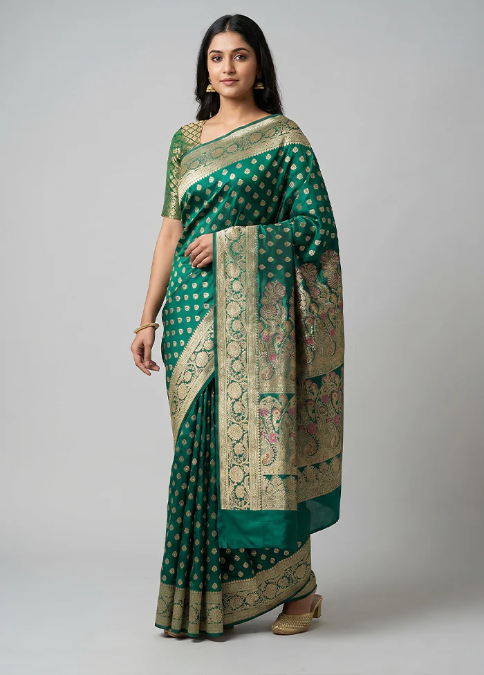 Green Handloom Banarasi Pure Silk Saree With Blouse Piece