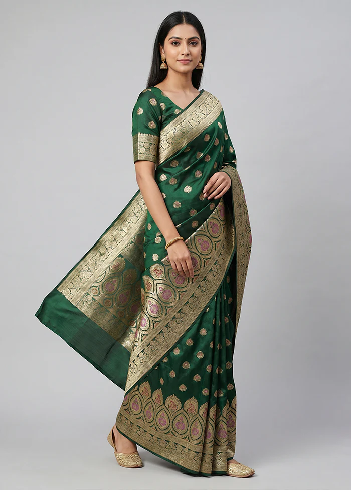 Green Handloom Banarasi Pure Silk Saree With Blouse Piece