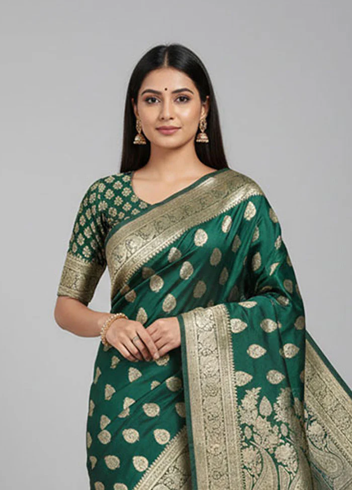 Green Handloom Banarasi Pure Silk Saree With Blouse Piece - Image 2