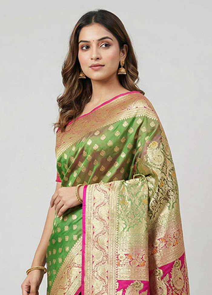 Green Handloom Banarasi Pure Silk Saree With Blouse Piece - Image 2