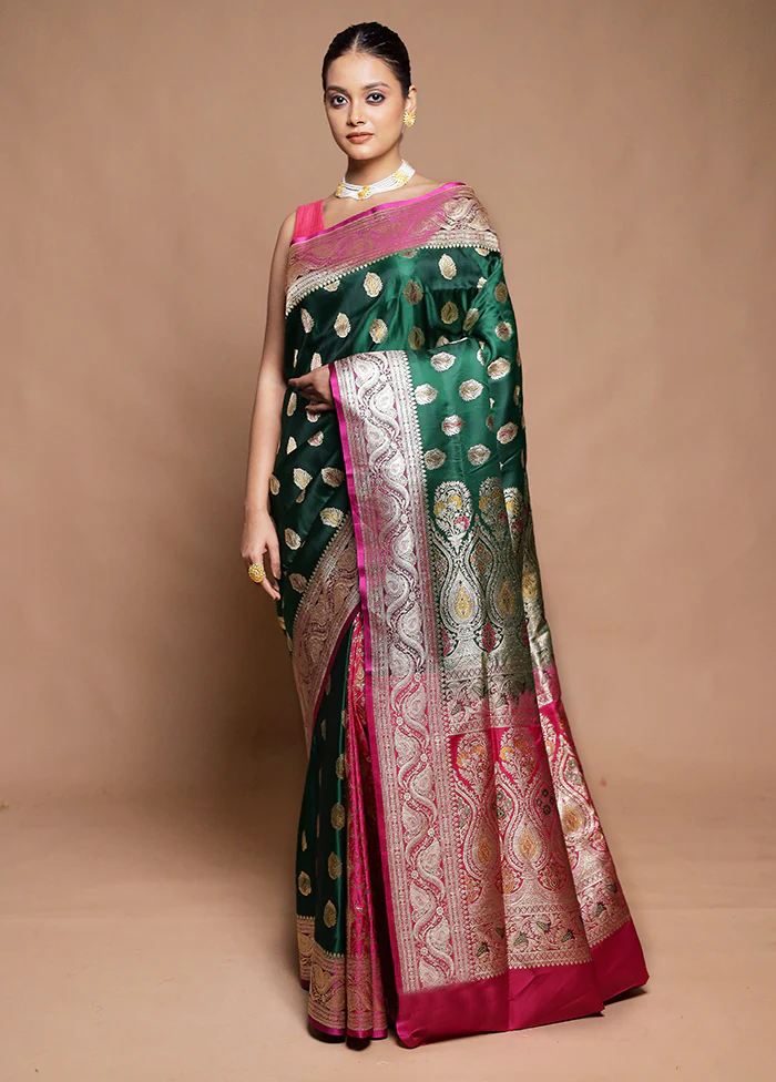 Green Handloom Banarasi Pure Silk Saree With Blouse Piece