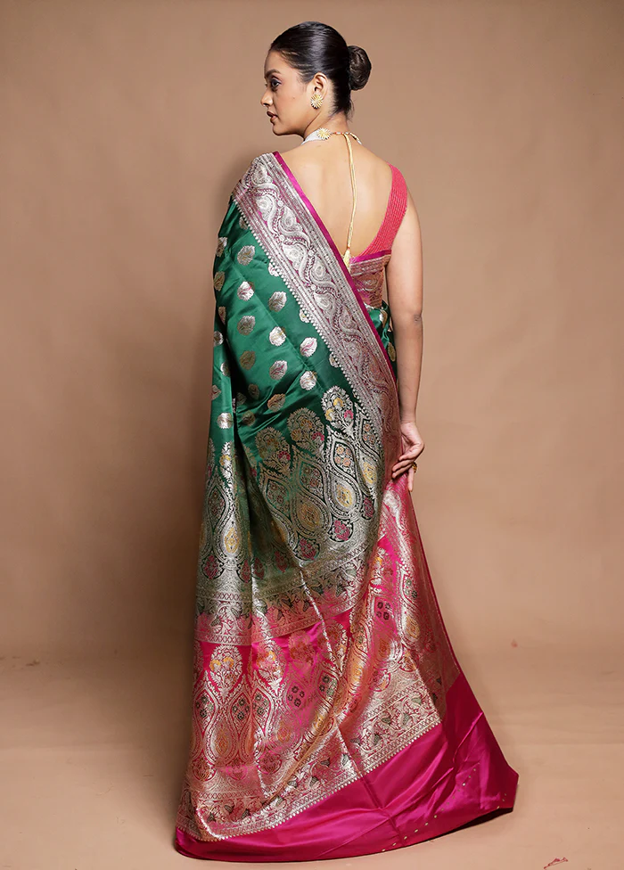 Green Handloom Banarasi Pure Silk Saree With Blouse Piece - Image 3