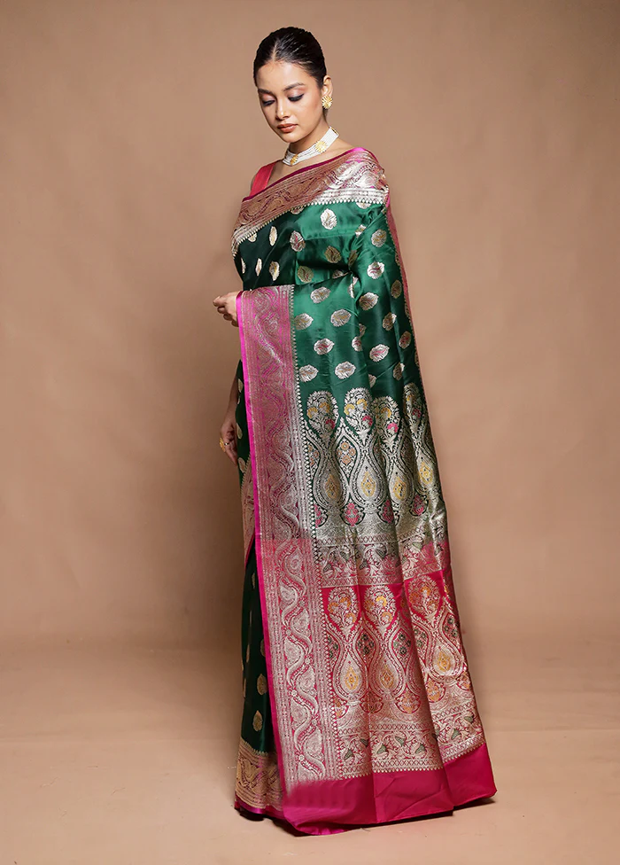 Green Handloom Banarasi Pure Silk Saree With Blouse Piece - Image 4
