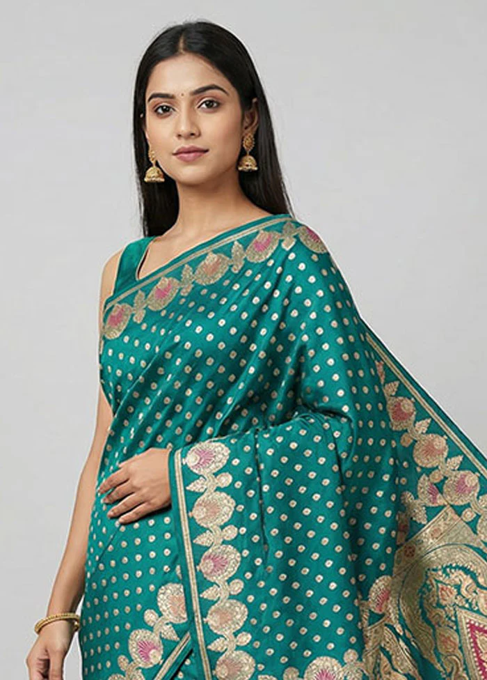 Green Handloom Banarasi Pure Silk Saree With Blouse Piece - Image 2