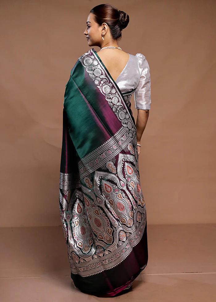 Green Handloom Banarasi Pure Silk Saree With Blouse Piece - Image 3