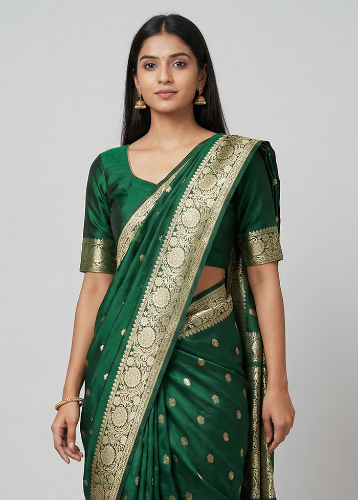 Green Handloom Banarasi Pure Silk Saree With Blouse Piece - Image 2