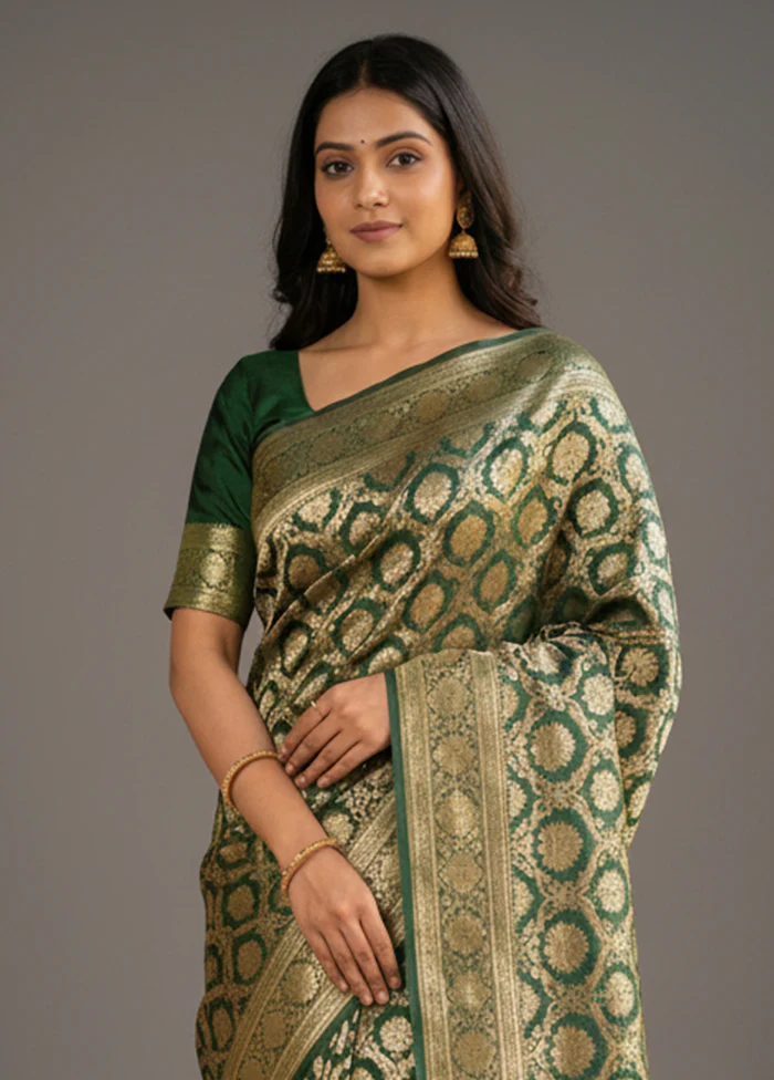 Green Handloom Banarasi Pure Silk Saree With Blouse Piece - Image 2