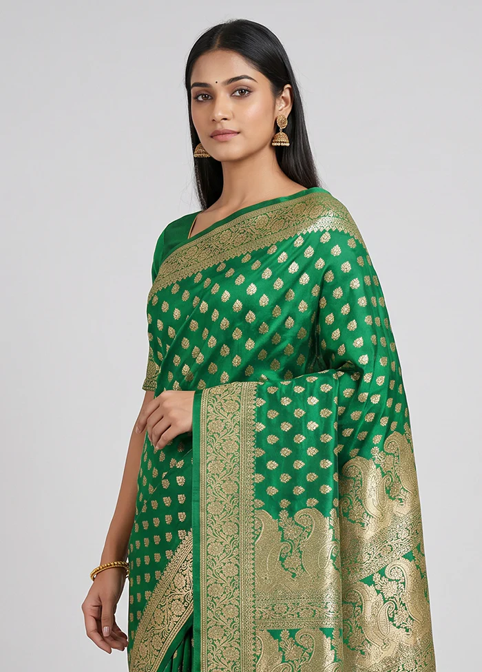 Green Handloom Banarasi Pure Silk Saree With Blouse Piece - Image 2