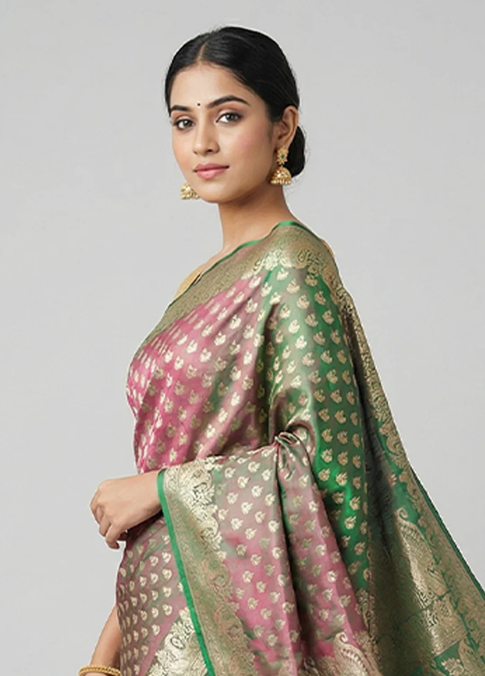 Green Handloom Banarasi Pure Silk Saree With Blouse Piece - Image 2