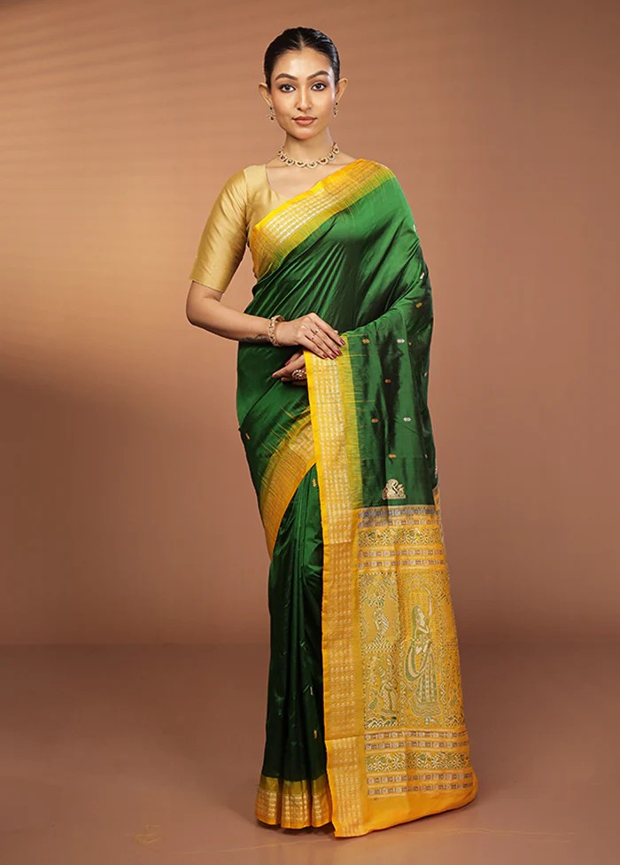 Green Handloom Bomkai Pure Silk Saree With Blouse Piece - Image 2
