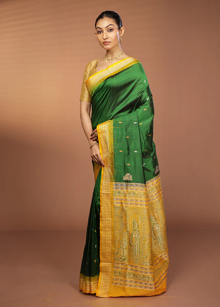 Green Handloom Bomkai Pure Silk Saree With Blouse Piece - Image 4