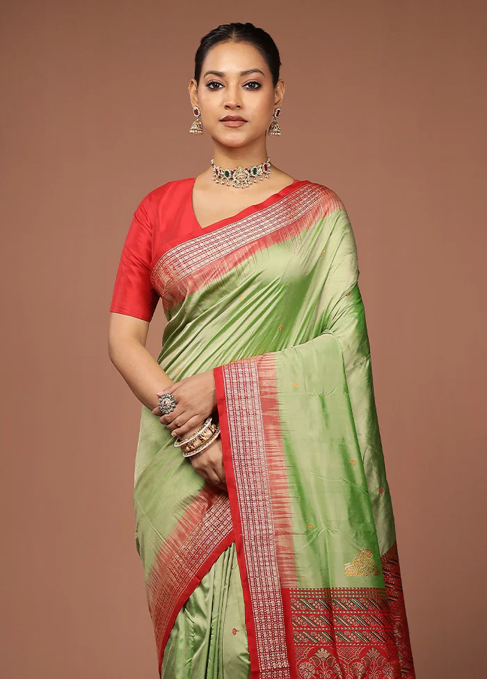 Green Handloom Bomkai Pure Silk Saree With Blouse Piece