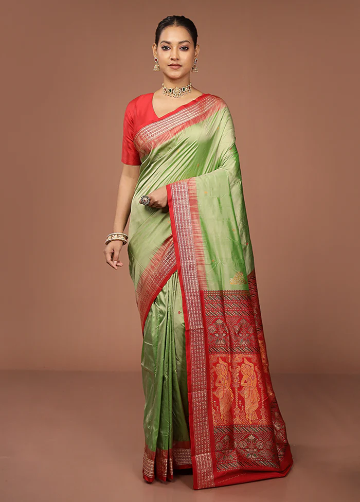 Green Handloom Bomkai Pure Silk Saree With Blouse Piece - Image 2