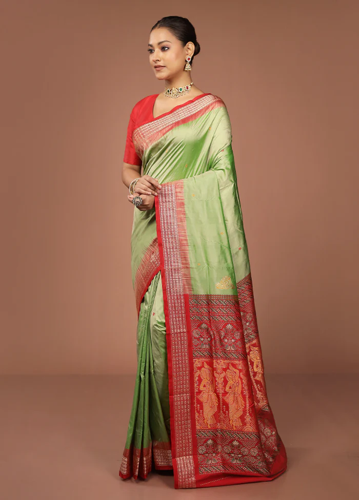 Green Handloom Bomkai Pure Silk Saree With Blouse Piece - Image 4