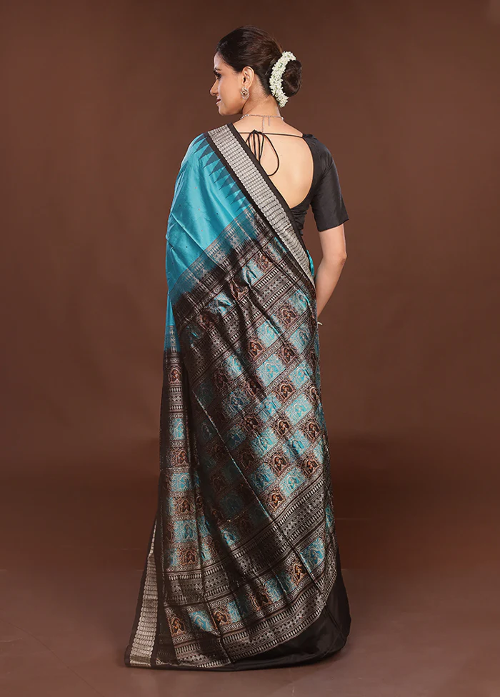 Blue Handloom Bomkai Pure Silk Saree With Blouse Piece - Image 3