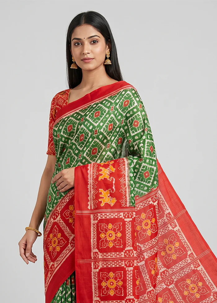 Green Handloom Bomkai Pure Silk Saree With Blouse Piece - Image 2