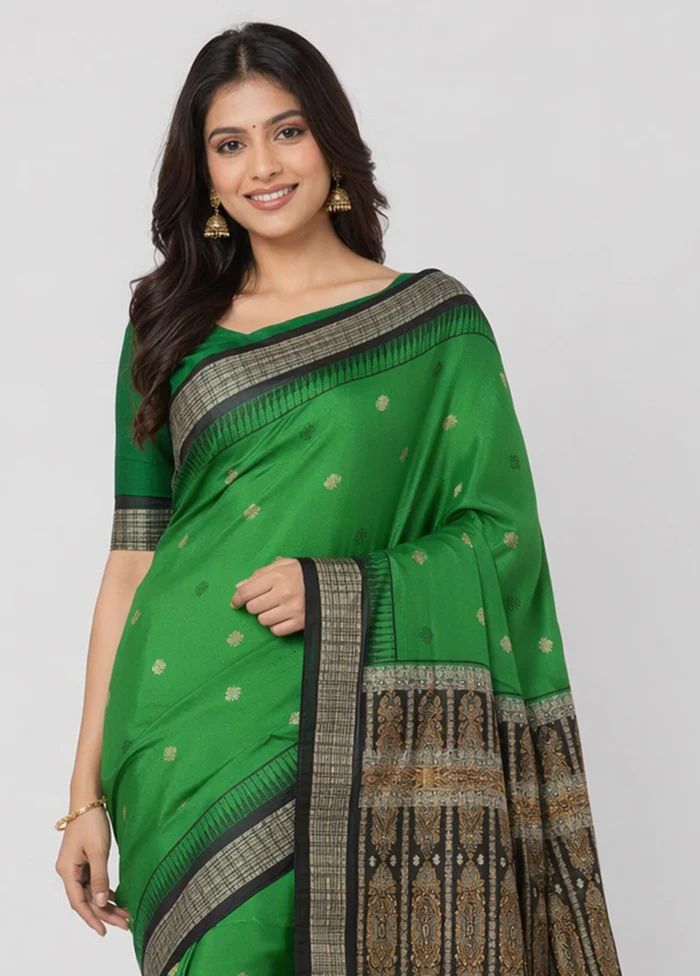 Green Handloom Bomkai Pure Silk Saree With Blouse Piece - Image 2