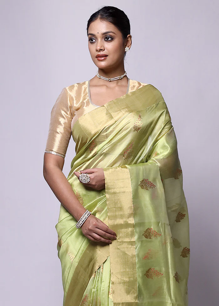 Green Handloom Chanderi Pure Cotton Saree With Blouse Piece - Image 2