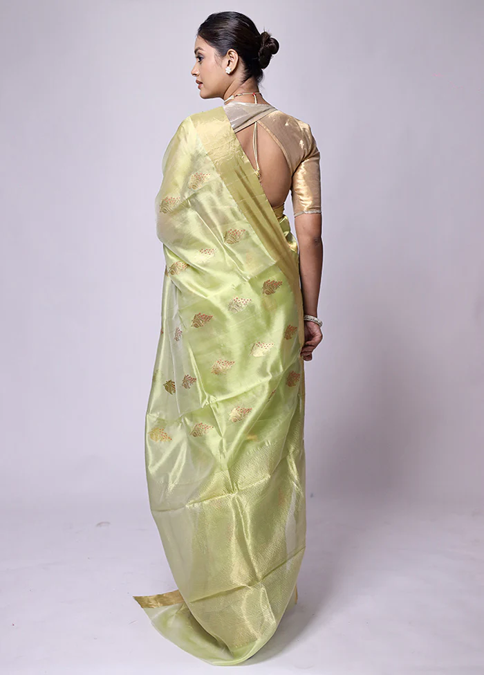 Green Handloom Chanderi Pure Cotton Saree With Blouse Piece - Image 3