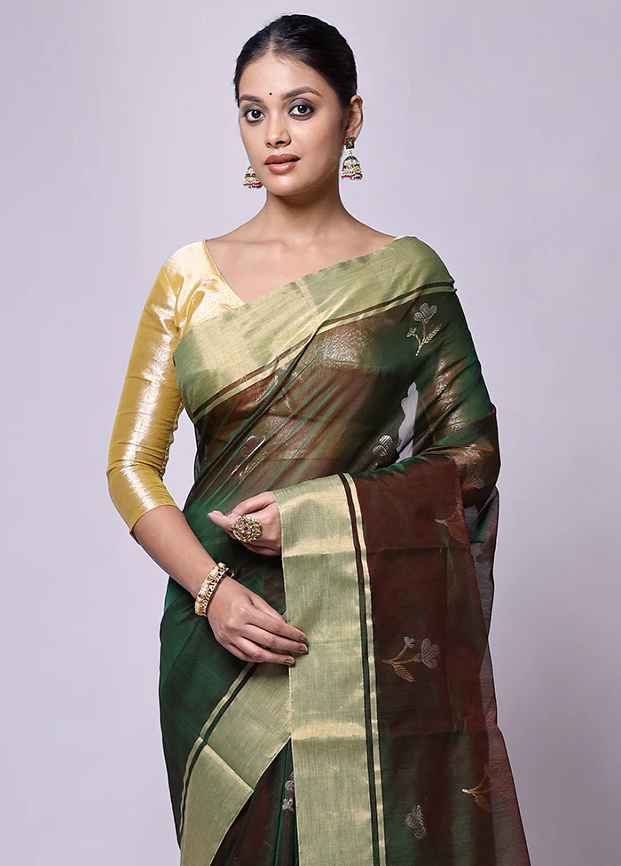 Green Handloom Chanderi Pure Cotton Saree With Blouse Piece - Image 2