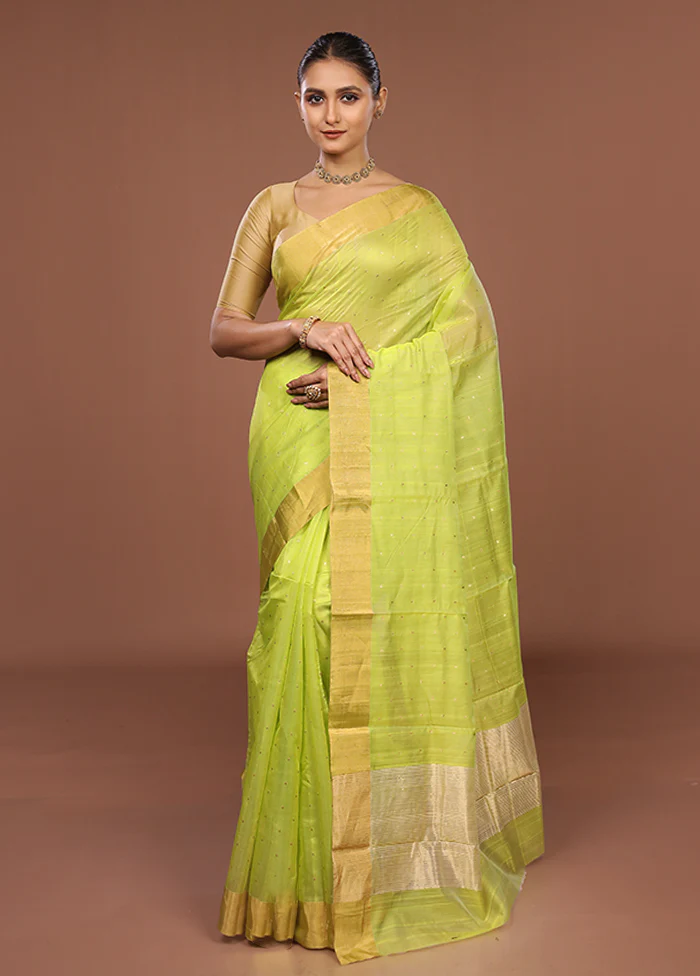 Green Handloom Chanderi Pure Silk Saree With Blouse Piece - Image 2