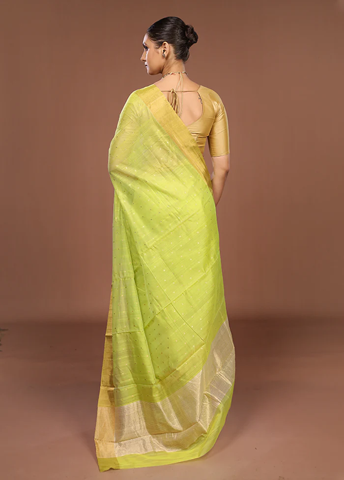 Green Handloom Chanderi Pure Silk Saree With Blouse Piece - Image 3