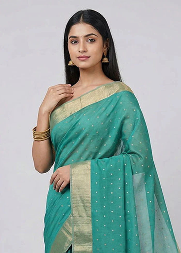 Green Handloom Chanderi Pure Silk Saree With Blouse Piece - Image 2