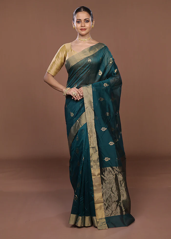 Green Handloom Chanderi Pure Silk Saree With Blouse Piece - Image 2