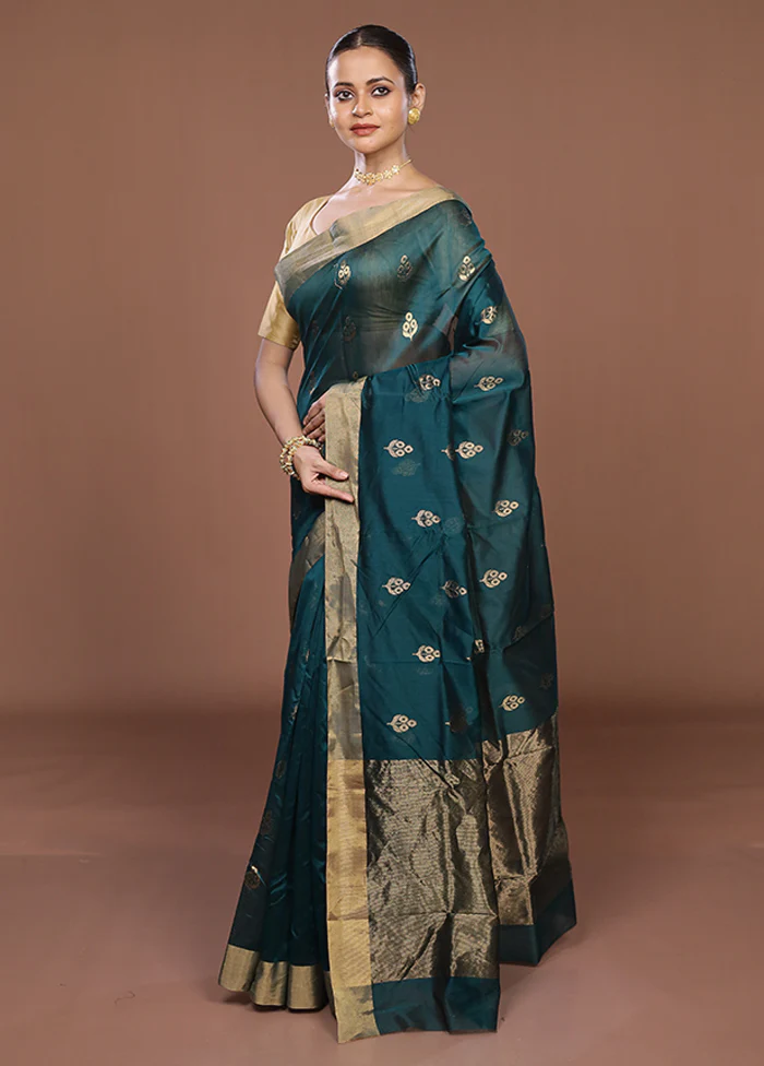 Green Handloom Chanderi Pure Silk Saree With Blouse Piece - Image 4