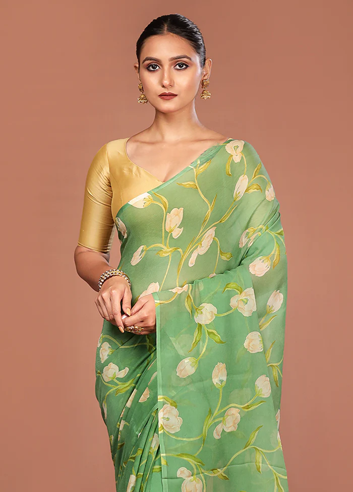 Green Handloom Chiffon Pure Silk Saree With Blouse Piece