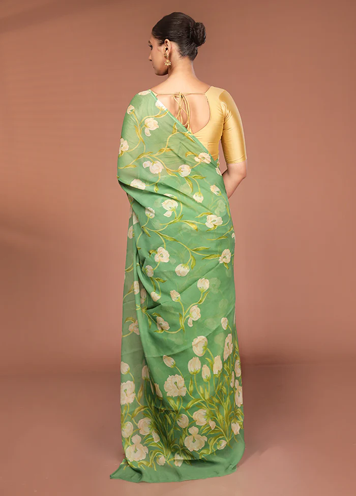Green Handloom Chiffon Pure Silk Saree With Blouse Piece - Image 3